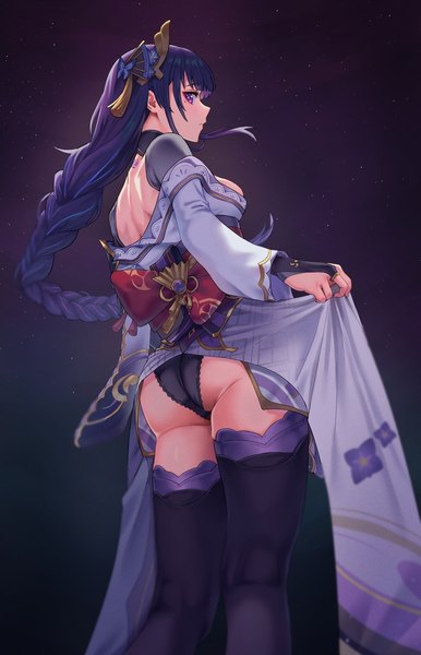 Anime picture 1200x1863 with genshin impact raiden shogun kadokadokado single long hair tall image looking at viewer fringe breasts light erotic simple background standing purple eyes purple hair ass braid (braids) traditional clothes japanese clothes profile looking back