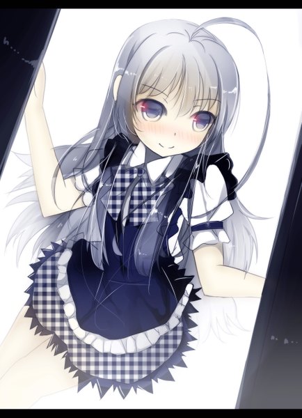 Anime picture 4100x5660 with haiyore! nyaruko-san nyaruko senya fuurin single long hair tall image blush highres absurdres silver hair ahoge silver eyes checkered girl dress