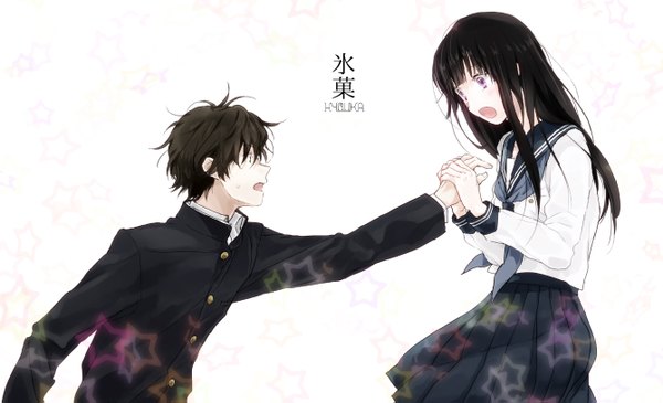Anime picture 1337x815 with hyouka kyoto animation chitanda eru oreki houtarou urahara long hair fringe short hair open mouth black hair simple background wide image white background purple eyes profile copyright name outstretched arm holding hands girl boy