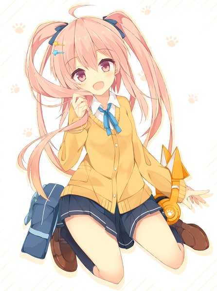 Anime picture 1000x1346 with original nibiiro shizuka single long hair tall image blush fringe open mouth smile hair between eyes sitting twintails animal ears payot pink hair full body ahoge bent knee (knees) pleated skirt pink eyes