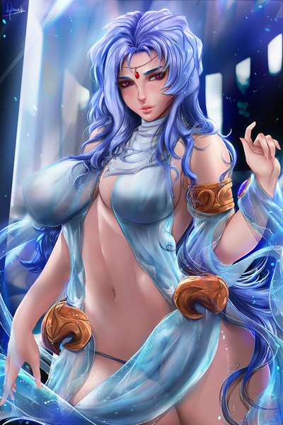 Anime picture 1600x2400 with injuu gakuen la blue girl javier estrada single long hair tall image looking at viewer blush fringe breasts light erotic large breasts standing purple eyes signed blue hair parted lips arm up realistic girl navel