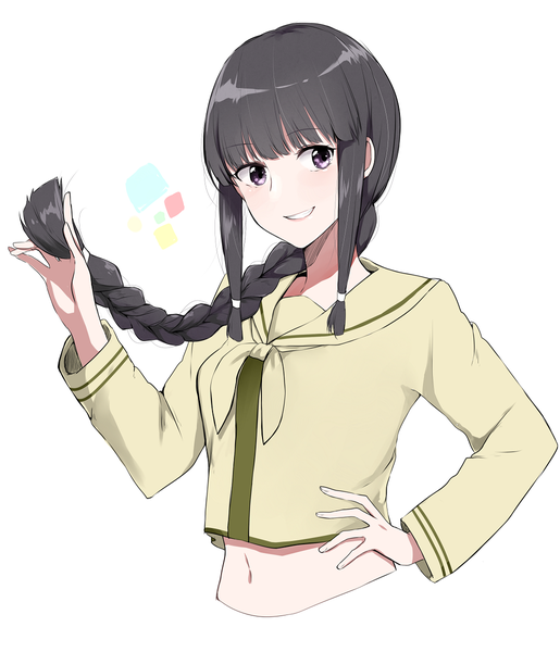 Anime picture 1030x1200 with kantai collection kitakami light cruiser morinaga (harumori) single long hair tall image fringe black hair smile white background purple eyes payot looking away upper body blunt bangs braid (braids) bare belly hand on hip single braid holding hair