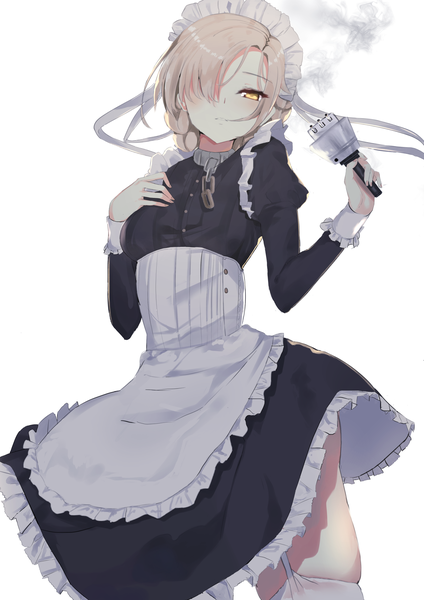 Anime picture 1700x2404 with azur lane sheffield (azur lane) kesoshirou single tall image looking at viewer blush fringe short hair blonde hair simple background white background holding yellow eyes braid (braids) parted lips hair over one eye maid puffy sleeves skindentation
