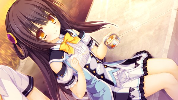 Anime picture 1920x1080 with kujiragami no tearstilla riru whale mikagami mamizu long hair looking at viewer blush highres black hair smile wide image sitting yellow eyes game cg girl dress