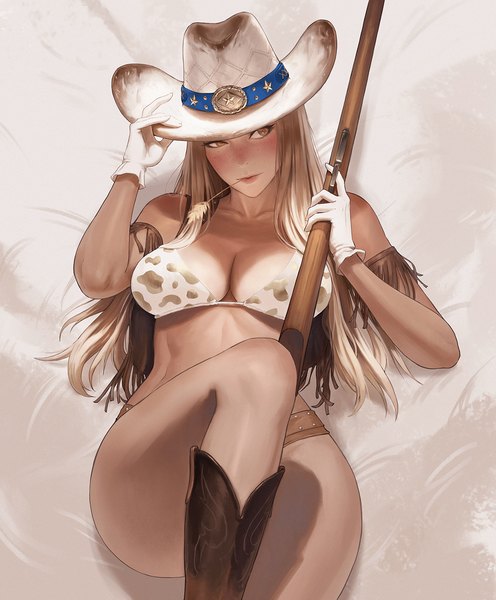 Anime picture 1158x1400 with original nuker (nukerdraws) single long hair tall image breasts light erotic blonde hair large breasts holding yellow eyes looking away cleavage lying from above on back mouth hold dark skin adjusting hat animal print