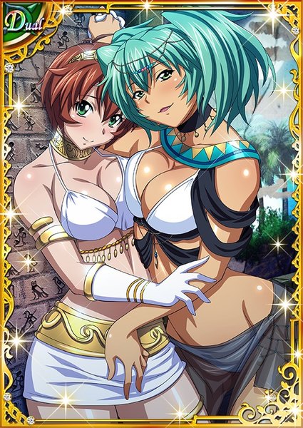 Anime picture 567x800 with ikkitousen ryofu housen chinkyuu koudai tall image looking at viewer blush short hair breasts open mouth light erotic brown hair twintails multiple girls green eyes traditional clothes green hair short twintails card (medium) girl skirt