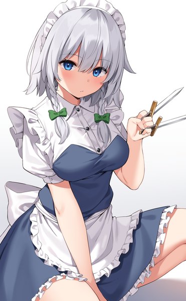 Anime picture 2532x4093 with touhou izayoi sakuya suiroh (shideoukami) single tall image looking at viewer fringe highres short hair blue eyes simple background hair between eyes white background sitting silver hair maid girl uniform bow weapon
