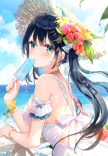 Anime picture 2406x3464 with original fuumi (radial engine) single long hair tall image looking at viewer blush fringe highres breasts open mouth black hair hair between eyes large breasts standing twintails bare shoulders payot sky cloud (clouds)