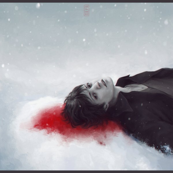Anime picture 1500x1500 with aoi bungaku series yozo oba mezamero single short hair open mouth black hair signed lying lips black eyes realistic open clothes snowing letterboxed winter snow face boy blood