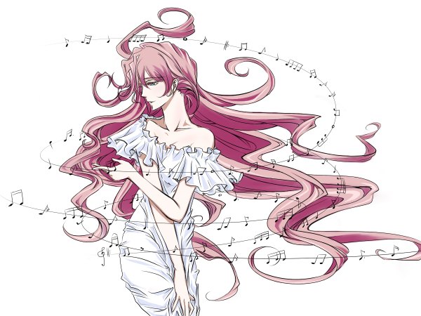 Anime picture 1200x900 with vocaloid megurine luka holansheila single long hair simple background white background bare shoulders looking away pink hair profile aqua eyes wind girl dress white dress musical note