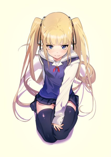 Anime picture 700x990 with saenai heroine no sodatekata a-1 pictures sawamura spencer eriri zis (artist) single long hair tall image looking at viewer fringe blue eyes blonde hair simple background white background sitting twintails pleated skirt from above kneeling girl thighhighs