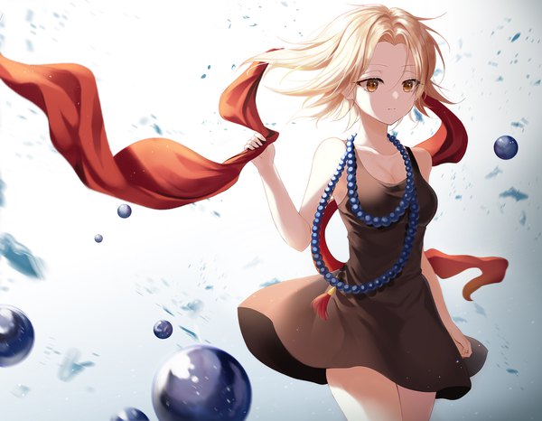 Anime picture 2000x1556 with shaman king xebec kyouyama anna heeri single fringe highres short hair breasts light erotic simple background blonde hair large breasts standing bare shoulders holding brown eyes looking away cleavage wind