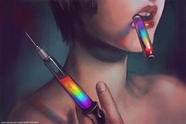 Anime picture 1200x800 with original qinni (artist) single short hair open mouth bare shoulders holding fingernails lips teeth mouth hold girl syringe