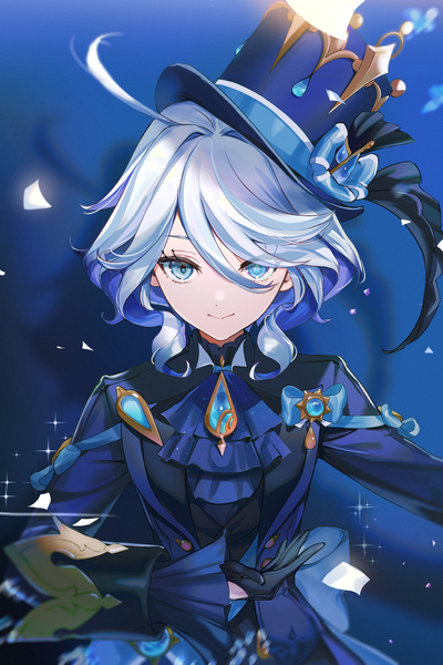 Anime picture 2894x4337 with genshin impact furina (genshin impact) haruno taku single tall image looking at viewer fringe highres short hair blue eyes smile hair between eyes silver hair upper body ahoge sparkle girl gloves black gloves top hat