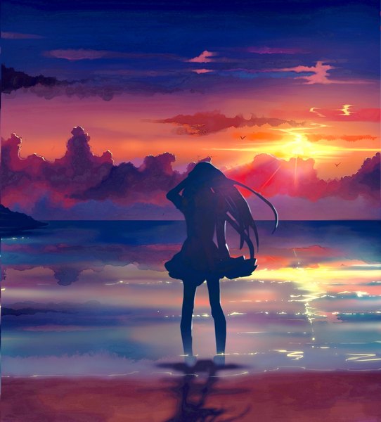 Anime picture 3173x3508 with original yong kit lam single long hair tall image highres standing absurdres sky cloud (clouds) wind sunlight shadow back flying sunbeam sand girl animal sea
