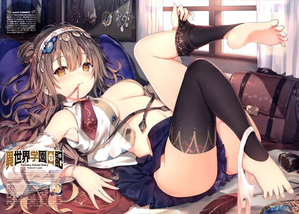Anime picture 5690x4084 with original sune (mugendai) single long hair looking at viewer blush fringe highres breasts light erotic hair between eyes brown hair holding yellow eyes absurdres ass indoors lying pleated skirt barefoot