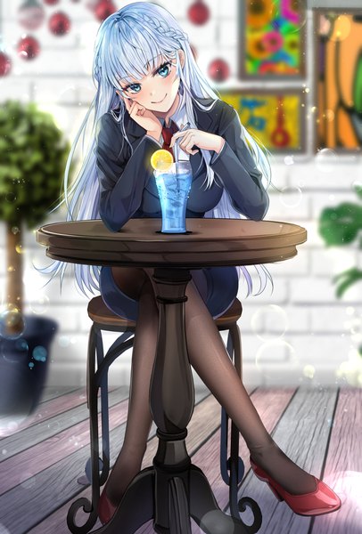 Anime picture 800x1181 with original chocho (homelessfox) single long hair tall image looking at viewer blush fringe blue eyes sitting holding payot blue hair full body indoors blunt bangs braid (braids) head tilt blurry high heels