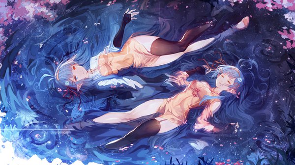 Anime picture 1733x973 with original usanekorin (0bakasan) looking at viewer fringe highres blue eyes light erotic smile red eyes wide image multiple girls signed blue hair full body bent knee (knees) lying eyes closed very long hair pointy ears wet