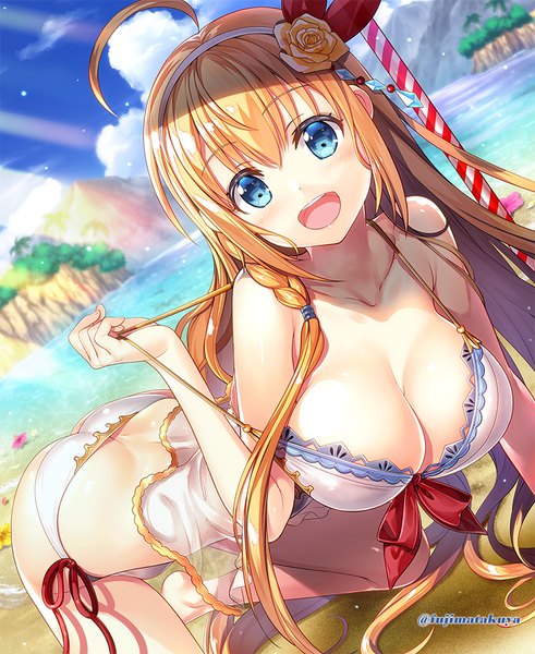 Anime picture 800x977 with princess connect! re:dive princess connect! pecorine (princess connect!) fujima takuya single tall image looking at viewer blush fringe breasts open mouth blue eyes light erotic smile hair between eyes large breasts signed payot sky cloud (clouds)