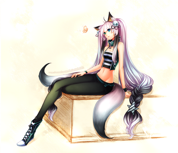 Anime picture 1045x900 with original zenithomocha single long hair blue eyes black hair simple background sitting twintails green eyes animal ears blue hair pink hair animal tail multicolored hair fox ears heterochromia fox tail multiple tails girl