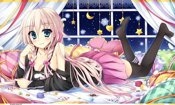 Anime picture 1078x648 with vocaloid ia (vocaloid) kukan single long hair looking at viewer blush blue eyes wide image bare shoulders pink hair lying braid (braids) girl thighhighs skirt bow black thighhighs hair bow pillow