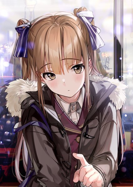Anime-Bild 850x1200 mit original almic single long hair tall image looking at viewer blush fringe hair between eyes brown hair brown eyes signed upper body head tilt open clothes two side up fur trim pointing at viewer girl ribbon (ribbons)