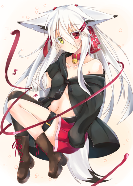 Anime picture 1436x2000 with original moai21 single tall image looking at viewer blush fringe light erotic simple background hair between eyes red eyes animal ears yellow eyes bent knee (knees) white hair tail animal tail pleated skirt light smile fox ears