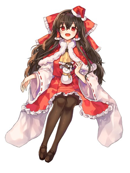 Anime picture 1200x1600 with touhou hakurei reimu kirisame marisa cheunes single long hair tall image looking at viewer fringe open mouth simple background smile hair between eyes red eyes brown hair white background sitting payot full body long sleeves