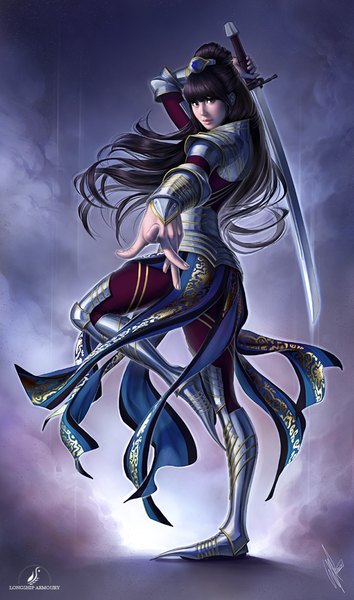 Anime picture 532x900 with warrenlouw single long hair tall image looking at viewer fringe black hair red eyes lips realistic fighting stance girl weapon sword armor katana