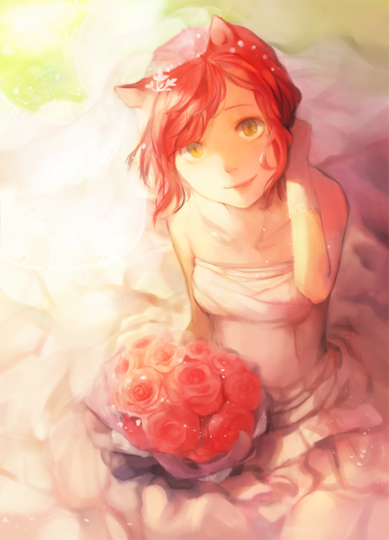 Anime picture 720x1000 with original nima (pixiv) single tall image looking at viewer short hair smile bare shoulders animal ears yellow eyes red hair from above arm behind head wedding girl dress gloves flower (flowers) rose (roses) bouquet