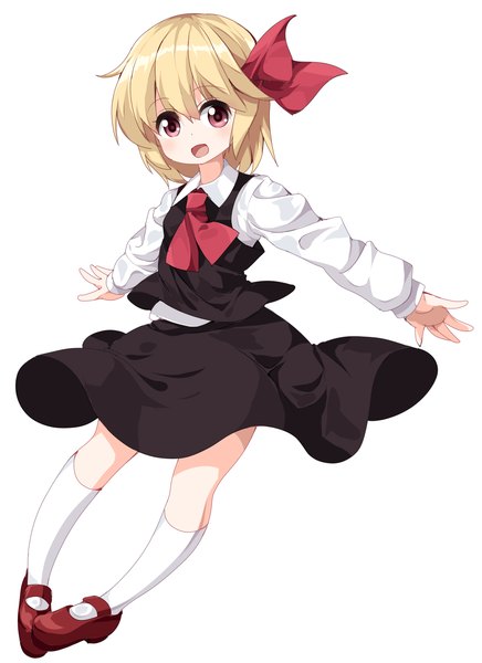 Anime picture 1090x1500 with touhou rumia ruu (tksymkw) single tall image blush fringe short hair open mouth blonde hair simple background hair between eyes red eyes white background looking away full body spread arms girl skirt bow