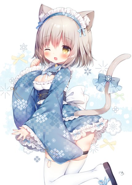 Anime picture 1814x2537 with virtual youtuber guild cq itou yuna momozu komamochi single tall image looking at viewer blush fringe highres short hair breasts open mouth light erotic simple background blonde hair smile standing white background animal ears