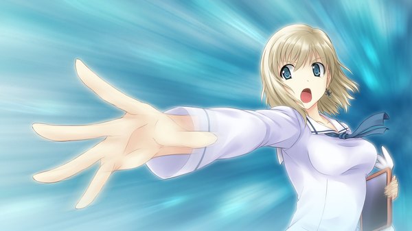 Anime picture 2048x1152 with tokyo babel highres short hair open mouth blue eyes wide image game cg white hair blue background girl serafuku