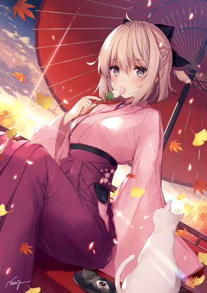 Anime picture 600x847 with fate (series) koha-ace okita souji (fate) (all) okita souji (koha-ace) necomi (gussan) single tall image looking at viewer blush fringe short hair blonde hair hair between eyes sitting holding signed payot sky cloud (clouds) ahoge