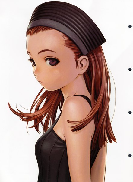 Anime picture 3000x4078 with form code (artbook) range murata single long hair tall image looking at viewer highres breasts simple background brown hair white background bare shoulders brown eyes upper body scan sleeveless hands behind back pout girl dress