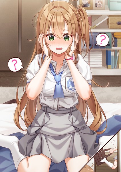Anime picture 870x1230 with original unjem long hair tall image blush fringe breasts open mouth hair between eyes brown hair sitting green eyes looking away full body ahoge indoors short sleeves embarrassed no shoes one side up
