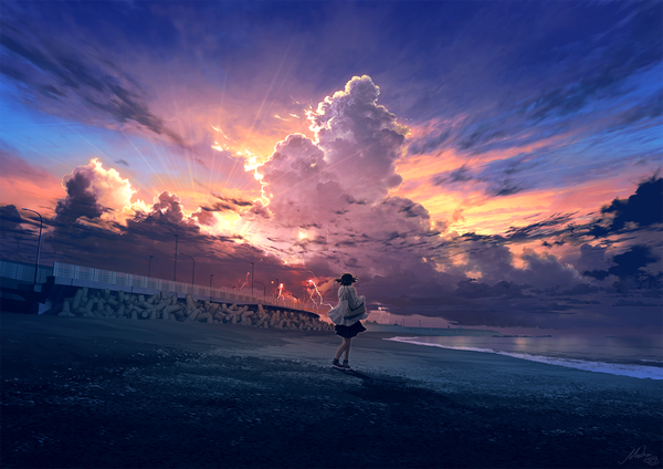 Anime picture 1303x921 with original mocha (cotton) single short hair black hair standing holding sky cloud (clouds) full body outdoors long sleeves from behind sunlight night beach evening sunset horizon scenic