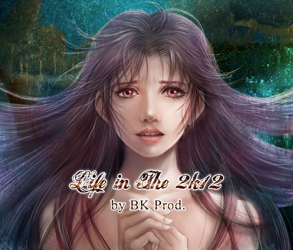 Anime picture 1024x876 with usudahiro single long hair looking at viewer red eyes bare shoulders purple hair lips inscription girl teardrop
