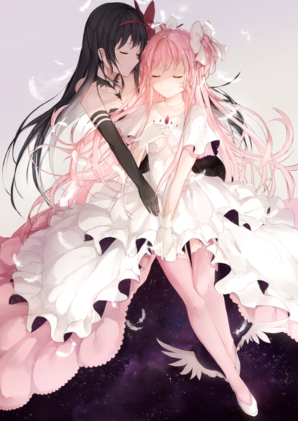 Anime picture 2480x3507 with mahou shoujo madoka magica shaft (studio) akemi homura kaname madoka goddess madoka akuma homura oretsuu long hair tall image fringe highres black hair twintails multiple girls pink hair cleavage eyes closed profile floating hair short twintails