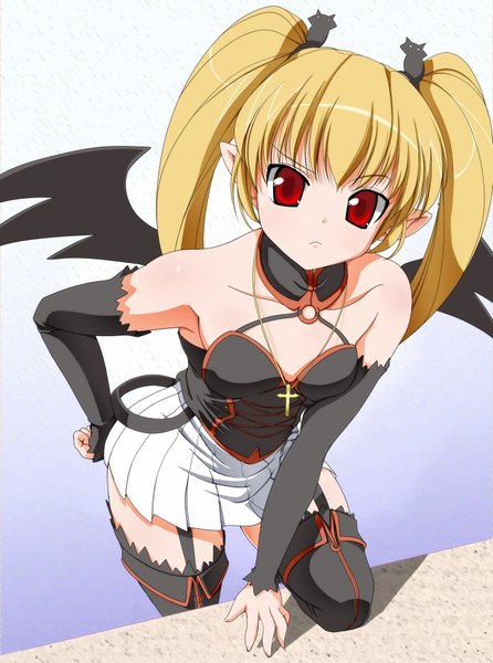 Anime picture 700x941 with renkin san-kyuu magical pokaan pachira ashita yaru single long hair tall image looking at viewer blush fringe light erotic simple background blonde hair hair between eyes red eyes standing bare shoulders pleated skirt pointy ears hand on hip standing on one leg