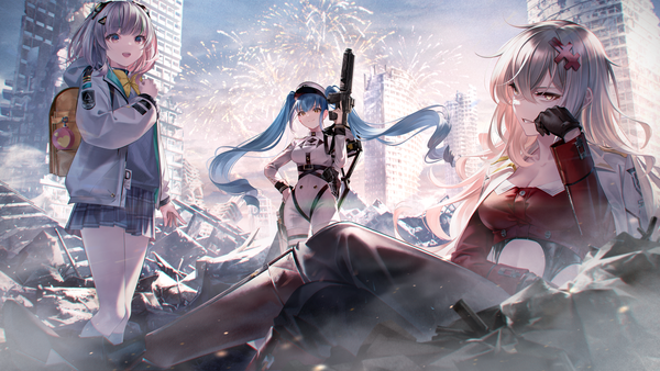 Anime-Bild 3000x1688 mit goddess of victory: nikke privaty (nikke) admi (nikke) yulha (nikke) sousou (sousouworks) long hair looking at viewer fringe highres breasts open mouth smile hair between eyes wide image large breasts standing sitting twintails multiple girls holding
