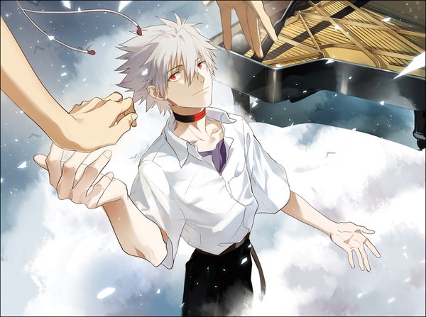 Anime picture 900x671 with neon genesis evangelion rebuild of evangelion evangelion: 3.0 you can (not) redo gainax ikari shinji nagisa kaworu tekla looking at viewer fringe short hair hair between eyes red eyes standing silver hair light smile multiple boys solo focus outstretched hand boy uniform