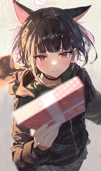 Anime picture 1500x2550 with blue archive kazusa (blue archive) hidulume single tall image looking at viewer fringe short hair black hair animal ears blunt bangs pink eyes valentine girl choker halo gift teardrop gift box