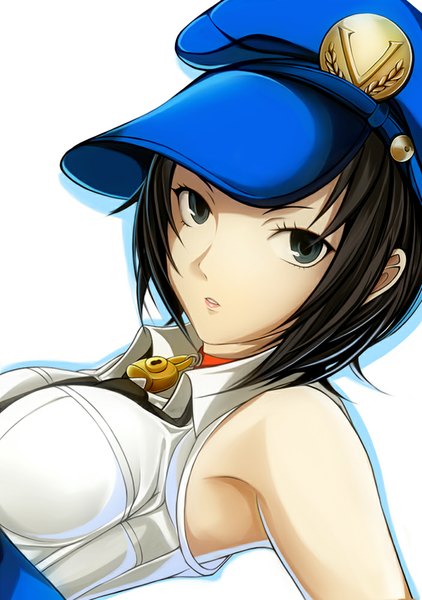 Anime picture 703x1000 with persona 4 persona persona 4 golden marie (persona 4) nannacy7 single tall image looking at viewer short hair blue eyes black hair white background bare shoulders girl flat cap