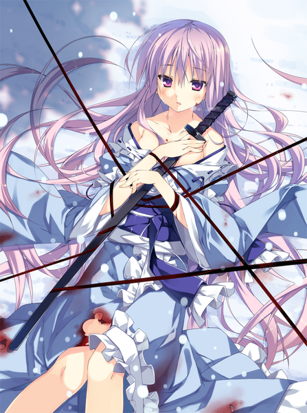 Anime picture 745x1000 with touhou saigyouji yuyuko t-ray single long hair tall image looking at viewer fringe hair between eyes bare shoulders pink hair lying traditional clothes japanese clothes pink eyes on back torn clothes snowing girl weapon