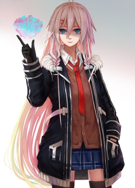 Anime picture 1000x1388 with vocaloid ia (vocaloid) echj single long hair tall image looking at viewer blue eyes smile pink hair ahoge braid (braids) twin braids plaid skirt hand in pocket girl thighhighs skirt gloves uniform