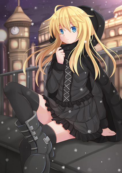 Anime picture 945x1337 with original kazenokaze single long hair tall image looking at viewer blue eyes blonde hair sitting snowing winter girl dress boots