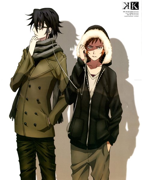 Anime picture 3500x4436 with k-project gohands (studio) fushimi saruhiko misaki yata tall image looking at viewer highres short hair open mouth black hair simple background brown hair standing white background brown eyes looking away absurdres sunlight official art shadow