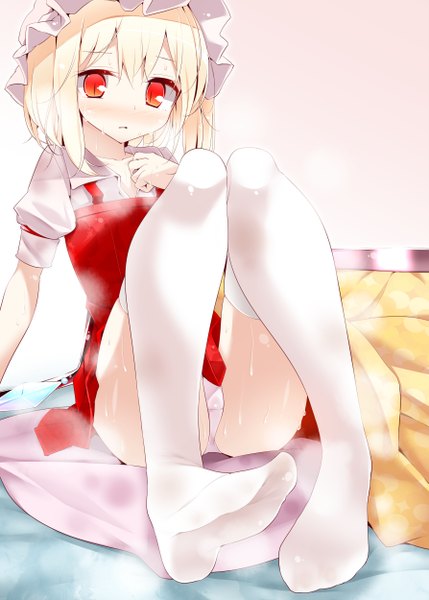 Anime picture 1786x2500 with touhou flandre scarlet oouso (usotsukiya) tall image highres short hair light erotic blonde hair red eyes pantyshot legs girl thighhighs dress white thighhighs