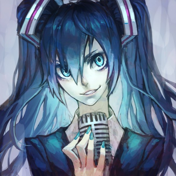 Anime picture 3543x3543 with vocaloid hatsune miku sai ichirou single looking at viewer fringe highres blue eyes simple background smile twintails blue hair absurdres nail polish grey background portrait aqua nail polish girl microphone